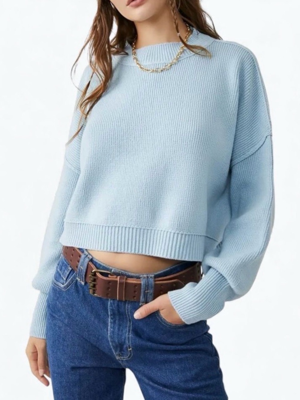 Free People Easy Street Crop Pullover Sweater Oversized Light Blue XLarge
